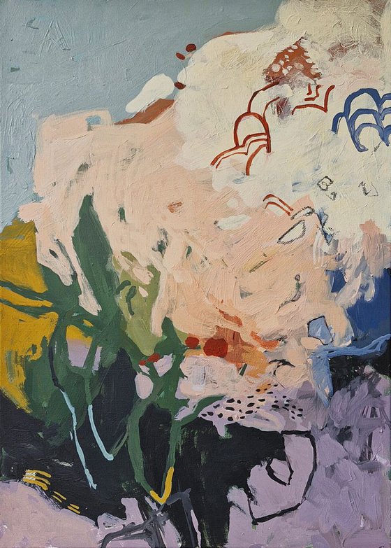 "Dreams-2" Abstract green lilac cream yellow