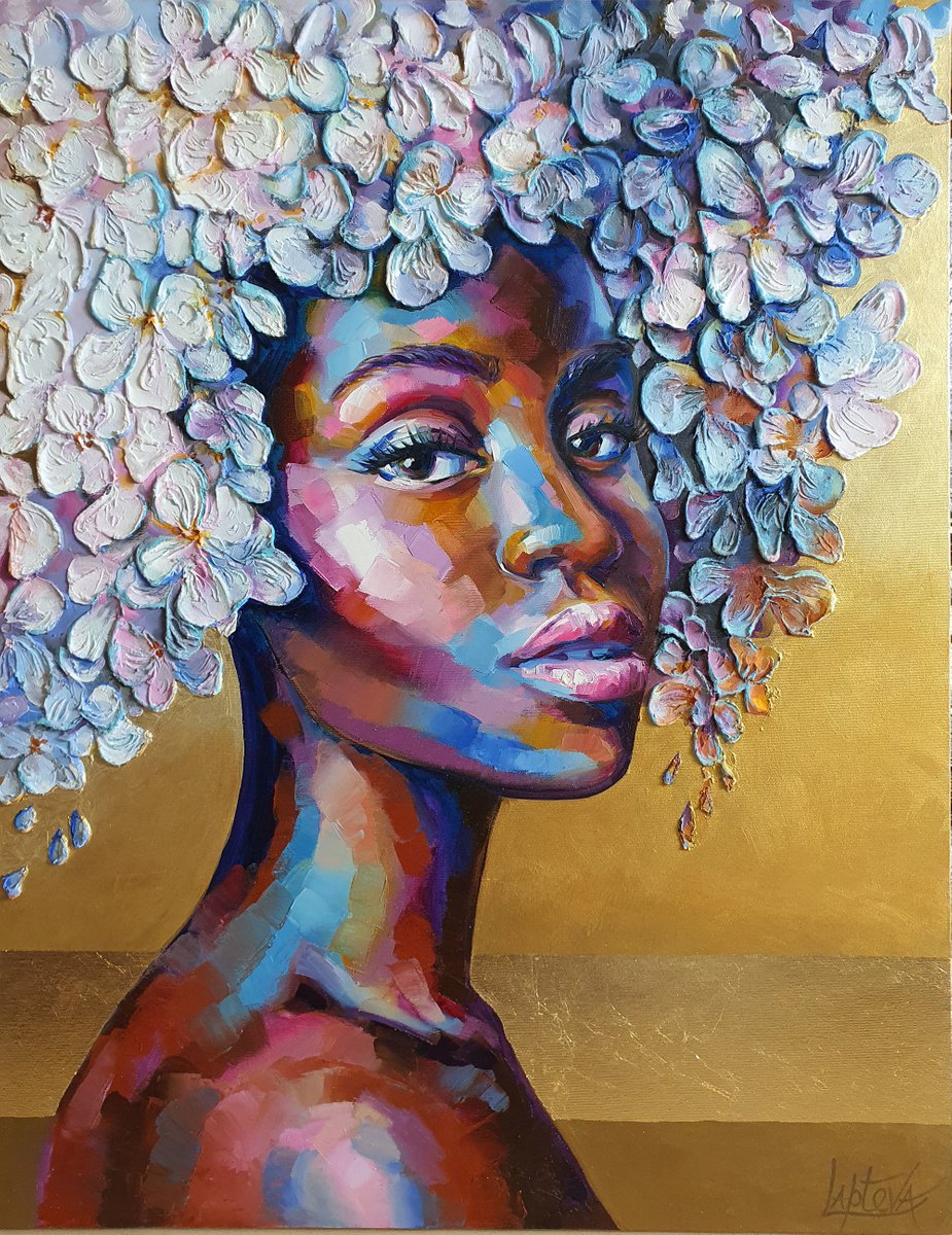 Impressionistic Portrait Oil Painting By Viktoria Lapteva, 28 X 35", Black Girl With White Flowers, Original Artwork