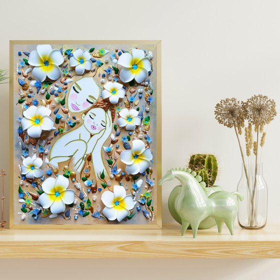 Mother Earth and baby. Summer floral woman with white flowers