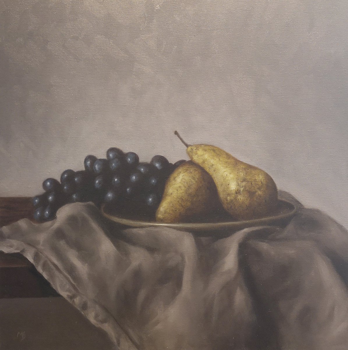 Pears and grey cloth by Mike Skidmore