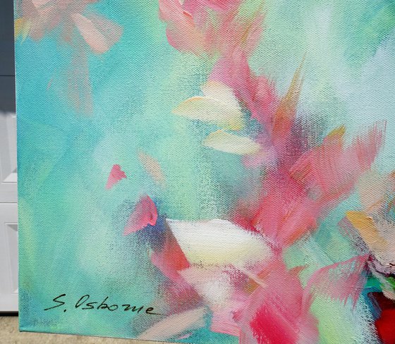 3D Textured Painting Large Flowers Teal Abstract Painting Coral White Green Red Floral Landscape. Tropical Botanical Garden Painting on Canvas. Modern Impressionism