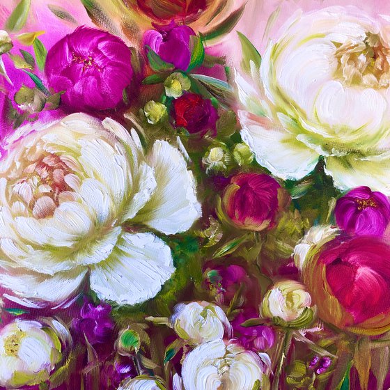 AMARANTH SET - Peonies. Pink. Floral. White peonies. Cerise. Magnificent. Petals. Fuchsia. Softness.