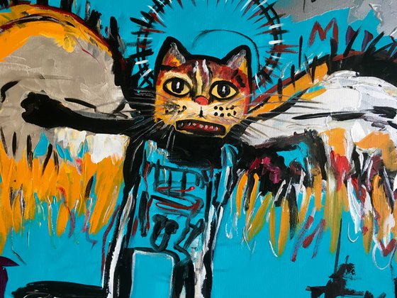 81x61cm Cat La Fallen Angel version of famous painting by Jean-Michel Basquiat