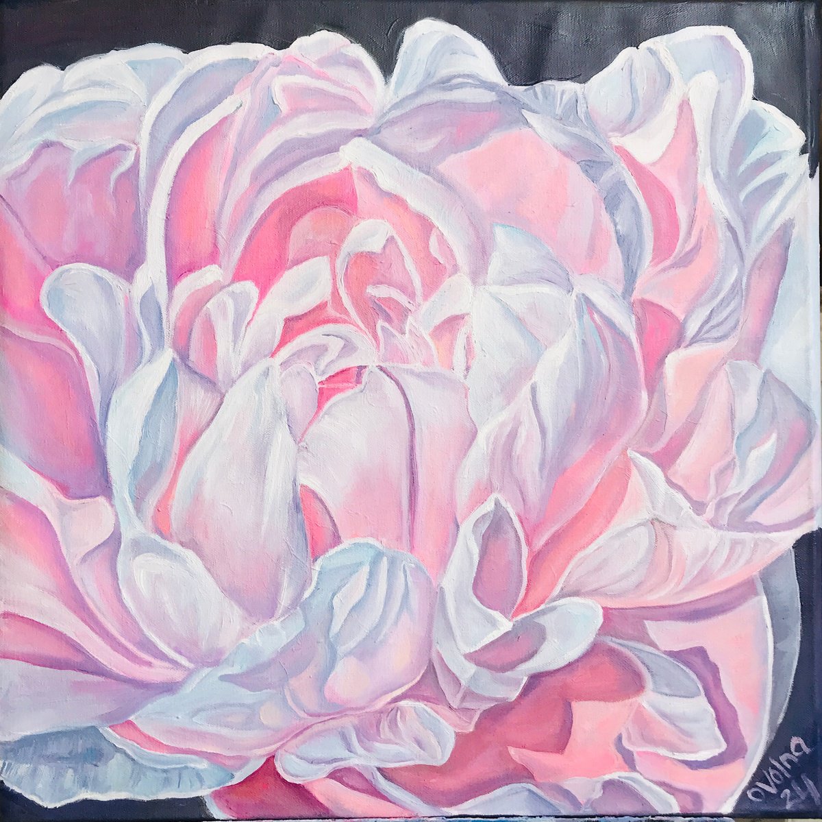 Impressionistic Botanical Oil Painting By Olga Volna, 20 X 20", Pink Peony, Original Artwork