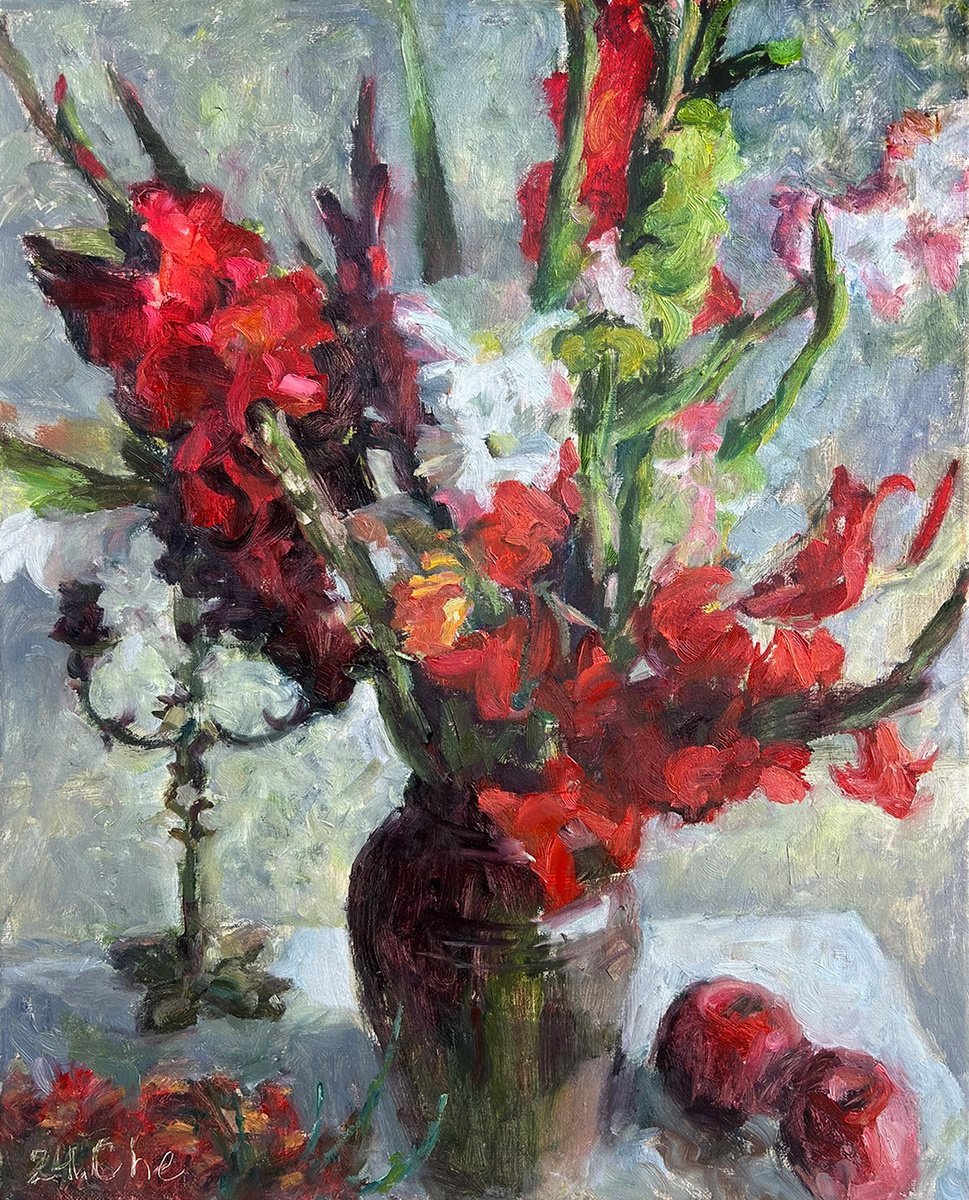 Impressionistic Botanical Oil Painting By Liudmyla Chemodanova, 16 X 20", Red Bunch Of Flowers, Original Artwork