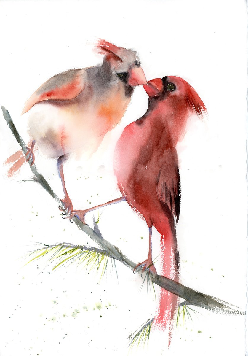 Impressionistic Animal Watercolour By Olga Tchefranov (Shefranov), 11 X 16", Cardinals In Love, Original Artwork