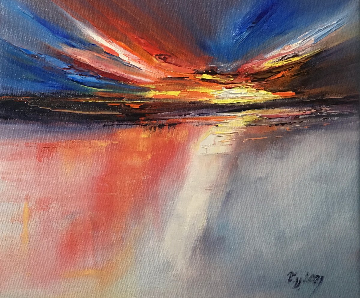 Impressionistic Landscape Oil Painting By Timea Valsami, 16 X 14", Electric Sunrise, Original Artwork