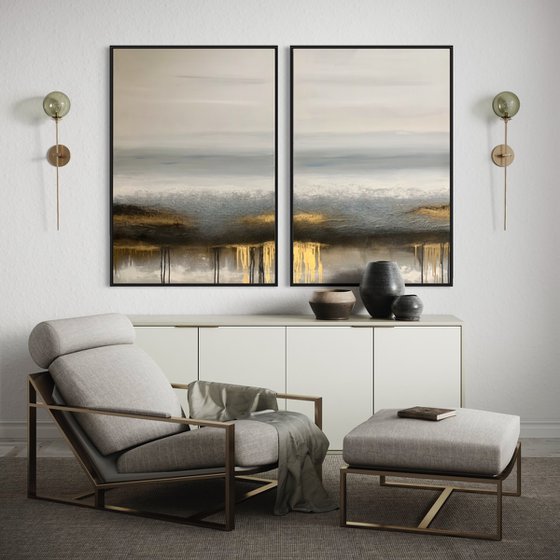 Large Grey And Gold Paintings Abstract Art - The Journey Diptych