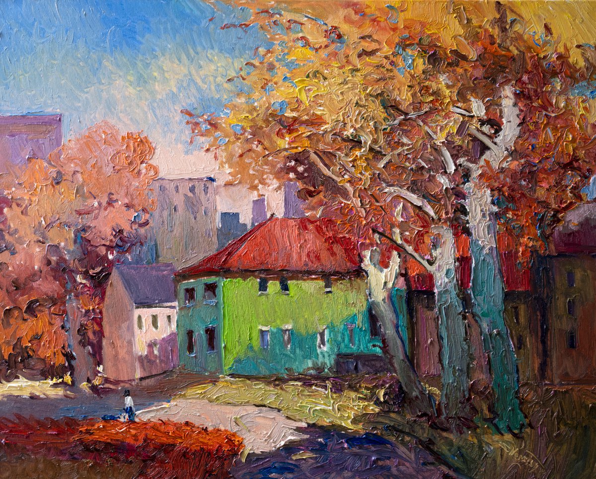 Impressionistic Cityscapes Oil Painting By Suren Nersisyan, 30 X 24", Autumn Landscape, Original Artwork
