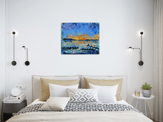 Sunset - You are never alone, 50*60cm, impressionistic landscape oil painting in orange and blue ultramarine