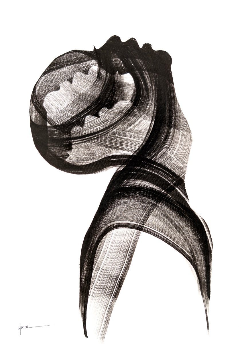 Expressive Portrait Ink Drawing By Nicol Vacaru, 15 X 22", Whispers Within, Original Artwork