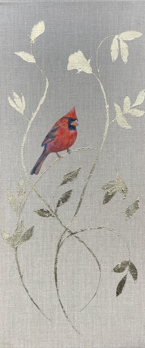 Red Cardinal on Ornamental Gold Leaf Rose by Hannah  Bruce