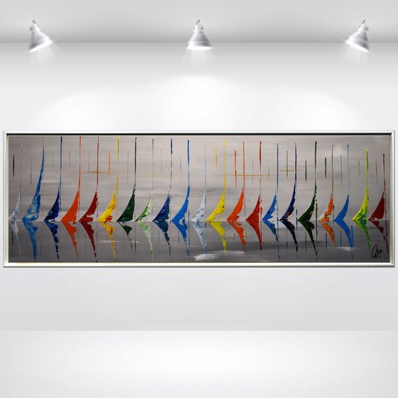 Colored on Gray  - abstract acrylic painting, canvas wall art, rainbow colors, framed modern art
