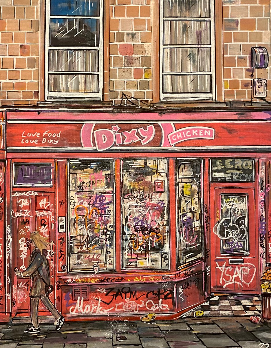 Illustrative Cityscapes Painting By John Curtis, 12 X 16, Dixy Chicken - Stokes Croft, Original Artwork