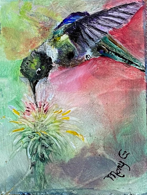 Black Chinned  Hummingbird Original Oil on gessoed masonite 5x7 gold frame