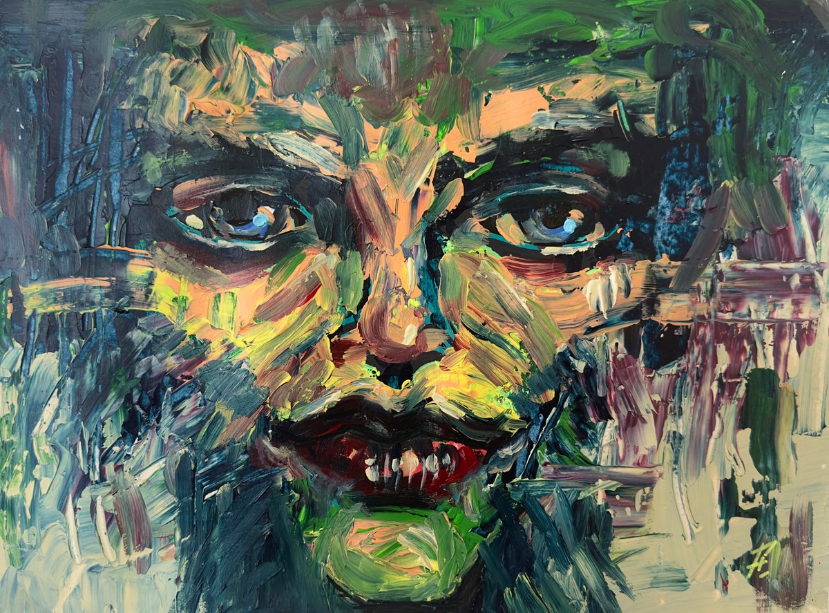 Expressive Portrait Acrylic Painting By Nikola Gulev, 17 X 12", "Abstracted Awareness", Original Artwork