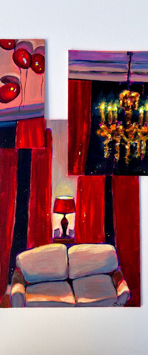 Red Interior with Balloons and Chandelier by Victoria Sukhasyan