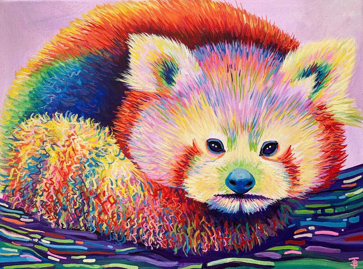 Animal Acrylic Painting By Tiffany Budd, 19 X 15", Rainbow Red Panda, Original Artwork
