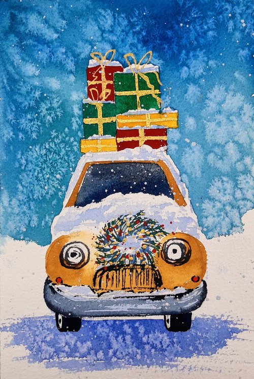 Christmas Postcards hand-made. The car with many presents by Yuliia Sharapova