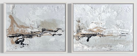 Hidden Light - 2 paintings landscape - Black, Sand & White