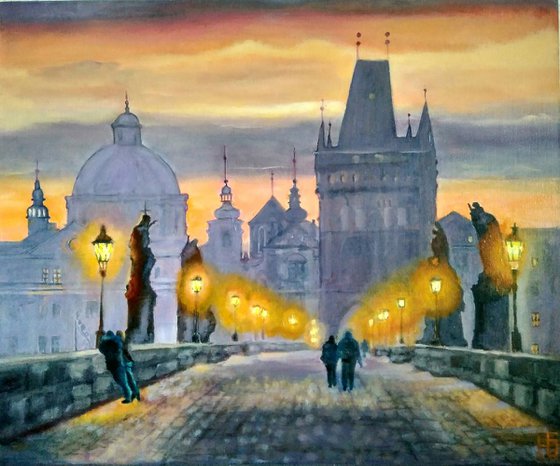 Twilight Prague Charles Bridge Original Oil Painting Couple Romantic Cityscape Lilac Orange