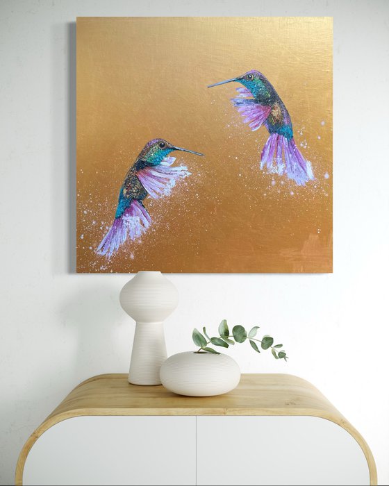 Two Hummingbirds on Gold