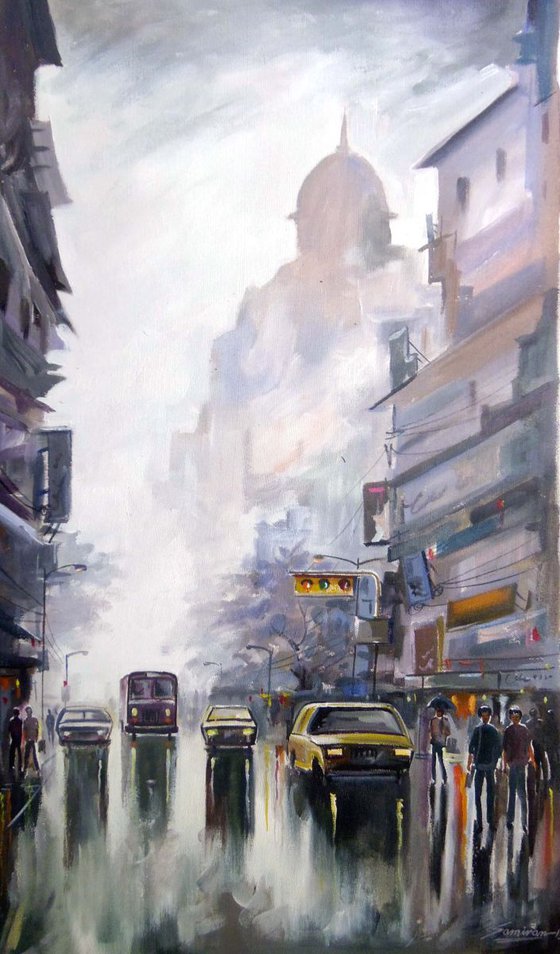 City Street at Rainy day-Acrylic on canvas painting