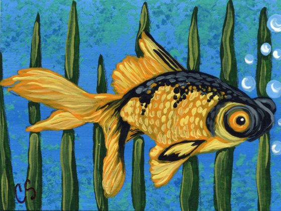 ACEO ATC Original Painting Fantail Fancy Goldfish Pet Fish Art-Carla Smale