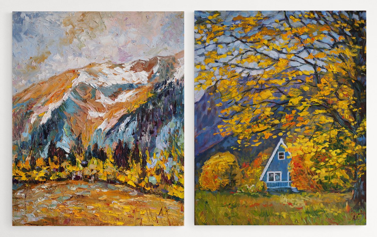 Impressionistic Landscape Oil Painting By Alfia Koral, 31 X 20, Golden Fall - Diptych, Original Artwork