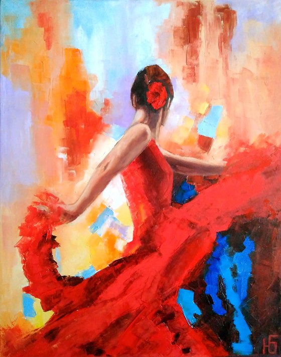 Flamenco dancer 4, Flamenco Dancer Painting Original Art Woman in Red Dress Artwork 40x50 cm ready to hang