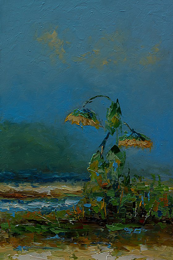 Sunflowers in the field. Oil painting with sunflowers