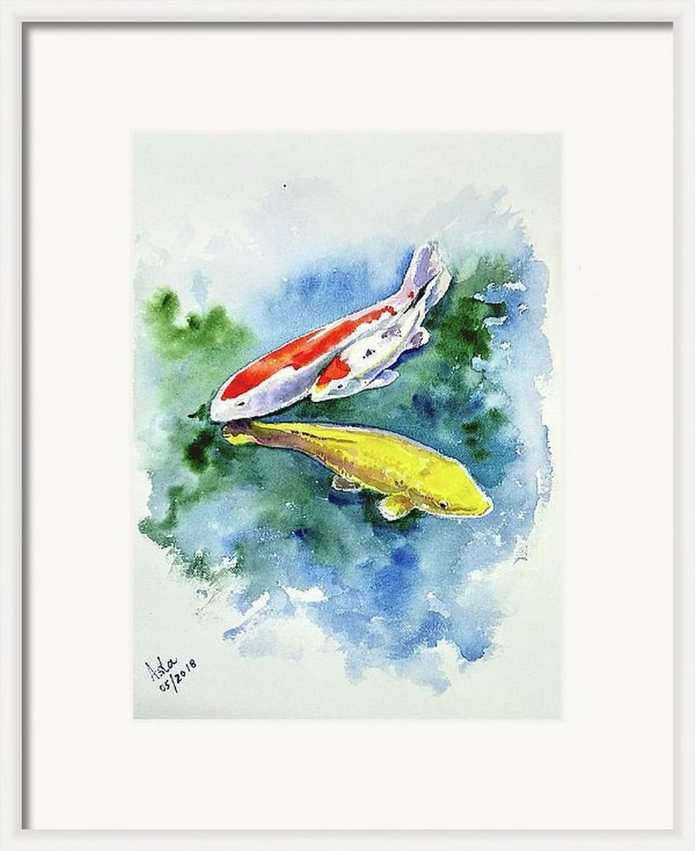 Impressionistic Watercolour , Feng Shui Koi Fish Pond By Asha Shenoy, 10 X 14, Artwork For Sale On Artfinder
