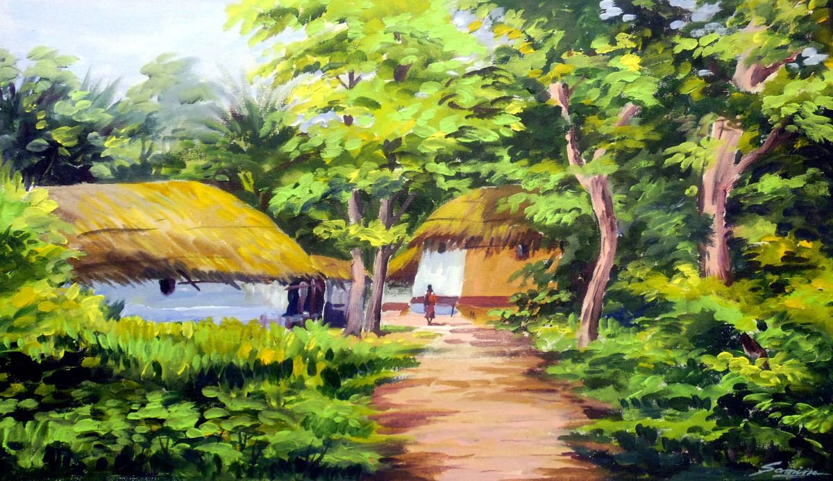 Beauty of Bengal Village Landscape - Acrylic on Canvas Painting by Samiran Sarkar