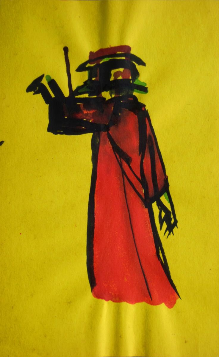 Expressive Portrait Drawing By Aleksandar Basic, 8 X 13, Woman With A Strange Hat, Original Artwork