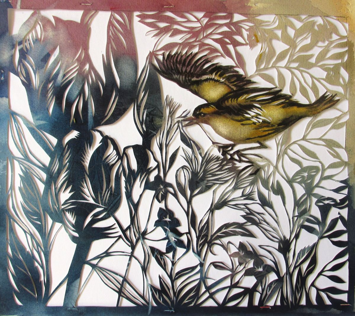 Animal Watercolour By Alfred Ng, 15 X 13, Gold Finch In Garden, Watercolor And Paper Cut, Original Artwork