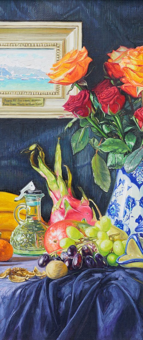 Roses in a ceramic vase and fruits by Simon Kozhin