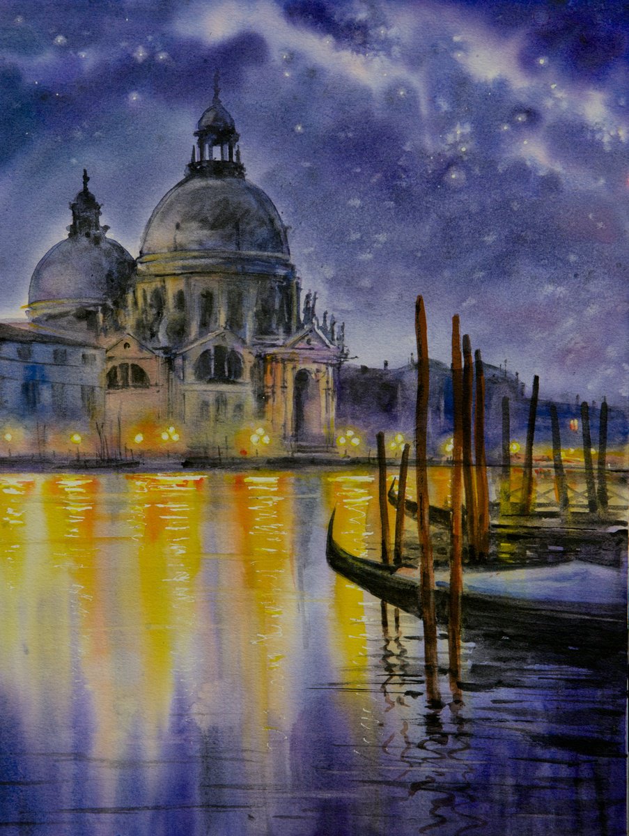 Impressionistic Cityscapes Watercolour By Eve Mazur, 12 X 16, The Magic Of Venice, Original Artwork