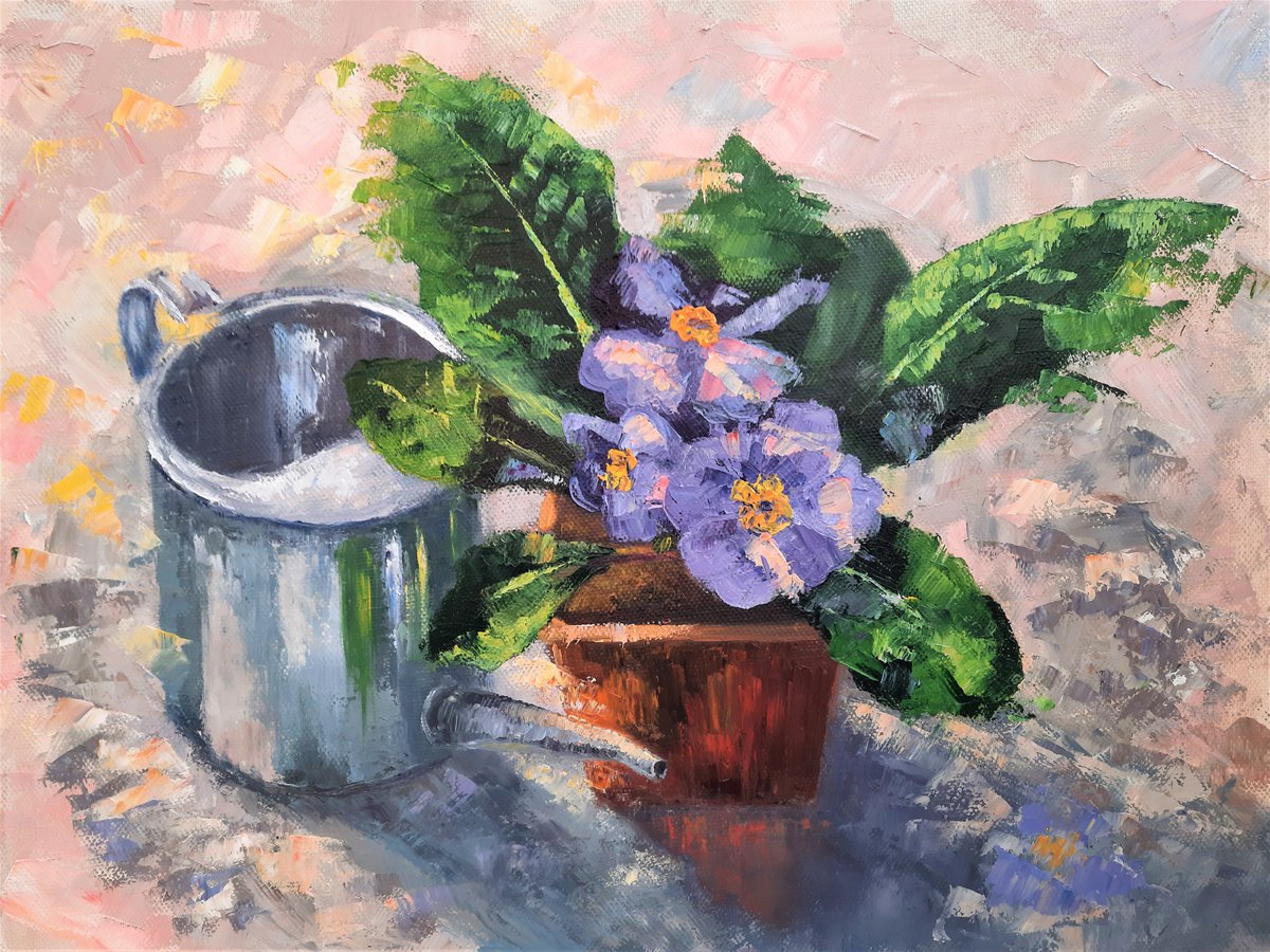 Spring in a pot - spring mood, primroses, oil painting, home decor, original gift, spring... by Elena Bondareva