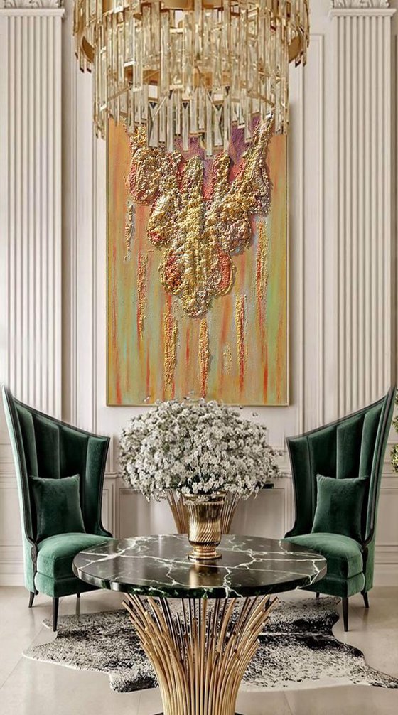 Luxury Wall Art, Original Royal Painting, Gold and Copper Unique Sculpture Art, Relief, Contemporary Ready to Hang Rich Texture Abstract, Large Wall Art, Mixed Media Canvas Painting ''The Queen's Necklace''