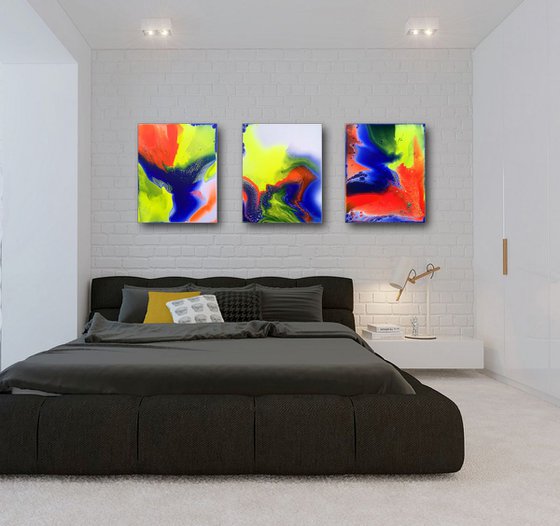 "Electric Kool Aid" - FREE WORLDWIDE SHIPPING - Original Triptych, Abstract PMS Acrylic Paintings Series - 48" x 20"