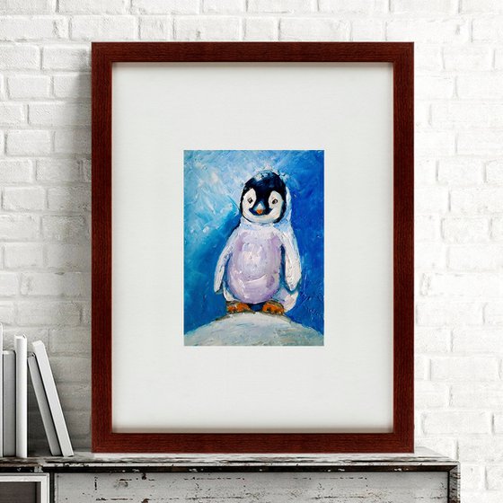 Penguin Painting Original Art Cute Bird Artwork Snow Wall Art