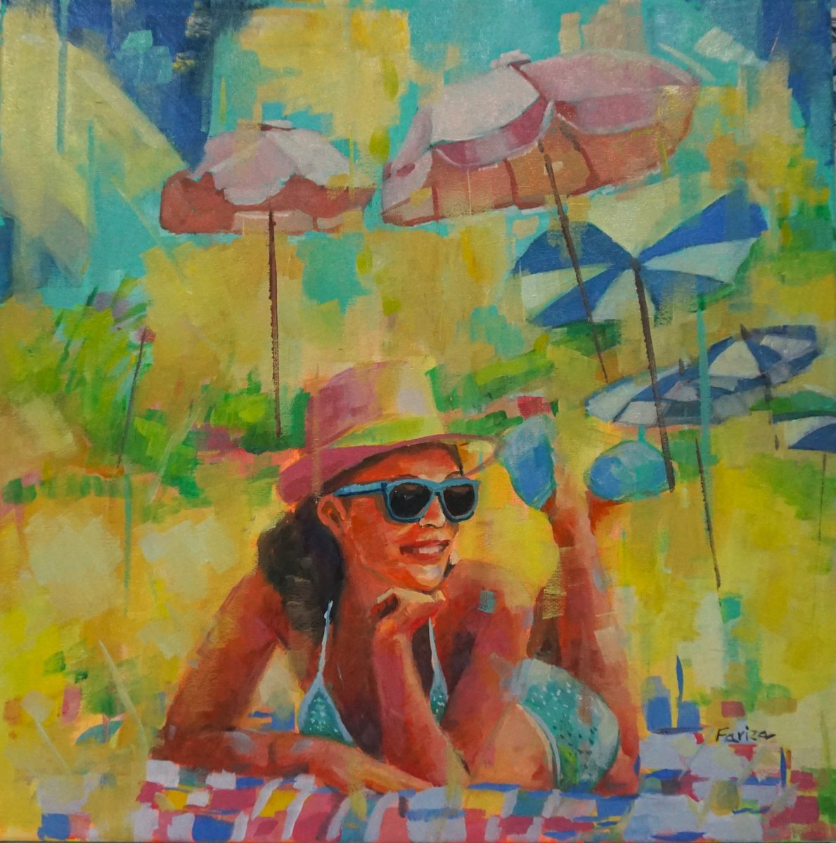 Impressionistic Portrait Oil Painting By Amaya Fernandez Fariza, 20 X 20, A Day At The Beach, Original Artwork