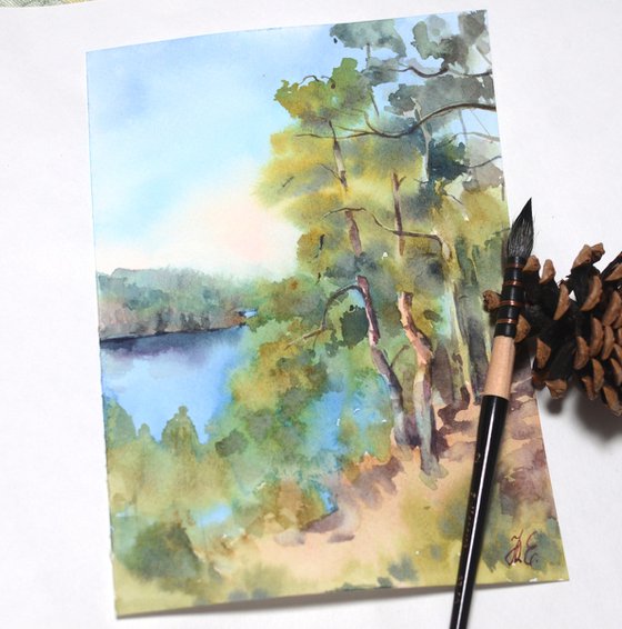 Small watercolor Forest Lake, Russian nature, Karelia