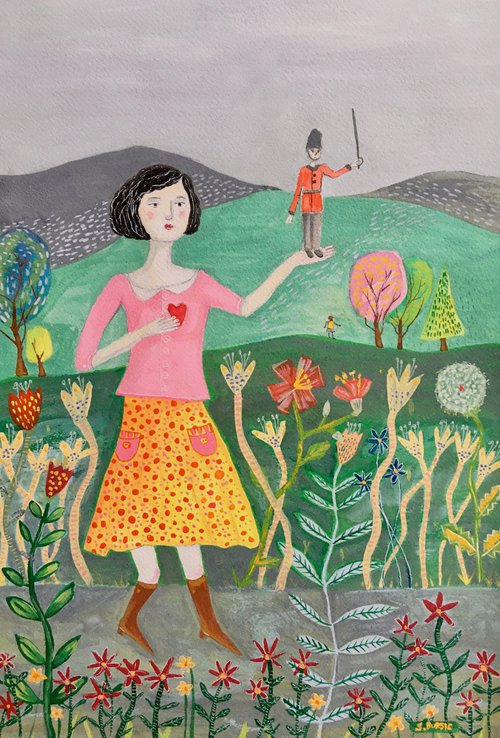 Illustration Guarding her heart Lady in Garden by Sharyn Bursic