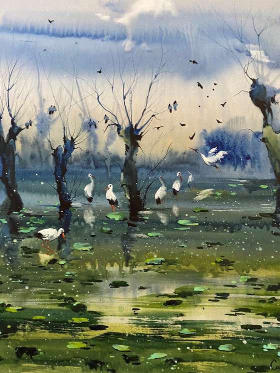 Sold Watercolor "Evening in the lake” gift For Him