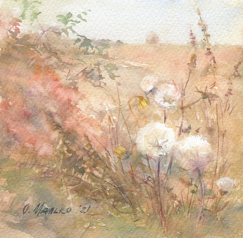 Autumn dandelion puffs / Fall season picture Outdoor watercolor Landscape painting Original art work by Olha Malko