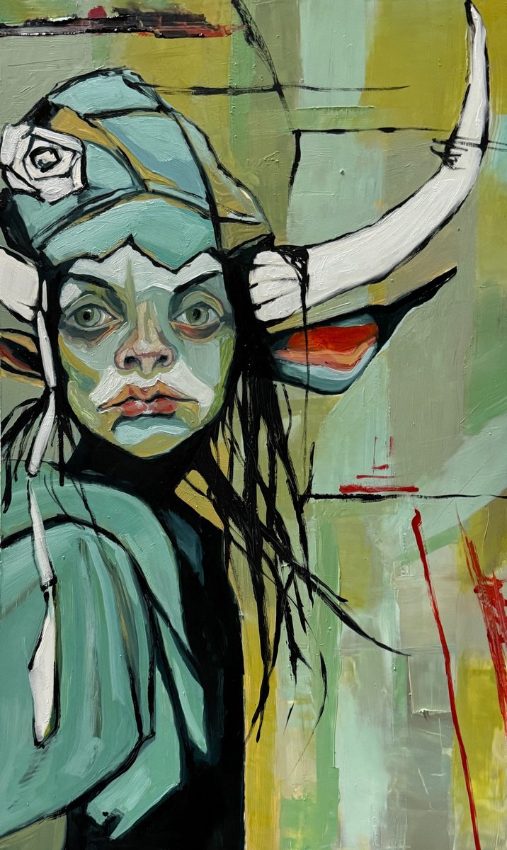 Graphic Portrait Oil Painting By Lola Jovan, 14 X 23", The Wildling, Original Artwork