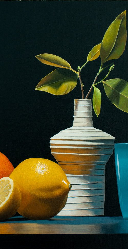 Still Life with Citrus Fruits, Vase and Glass by Dietrich Moravec