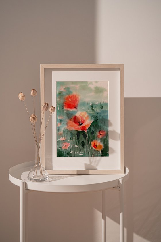 Watercolor poppy field