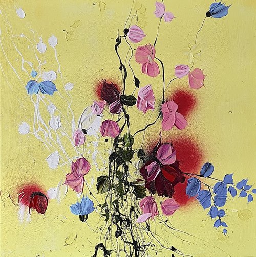 „Yellow Day #3” acrylic square artwork with roses 50x50cm by Anastassia Skopp